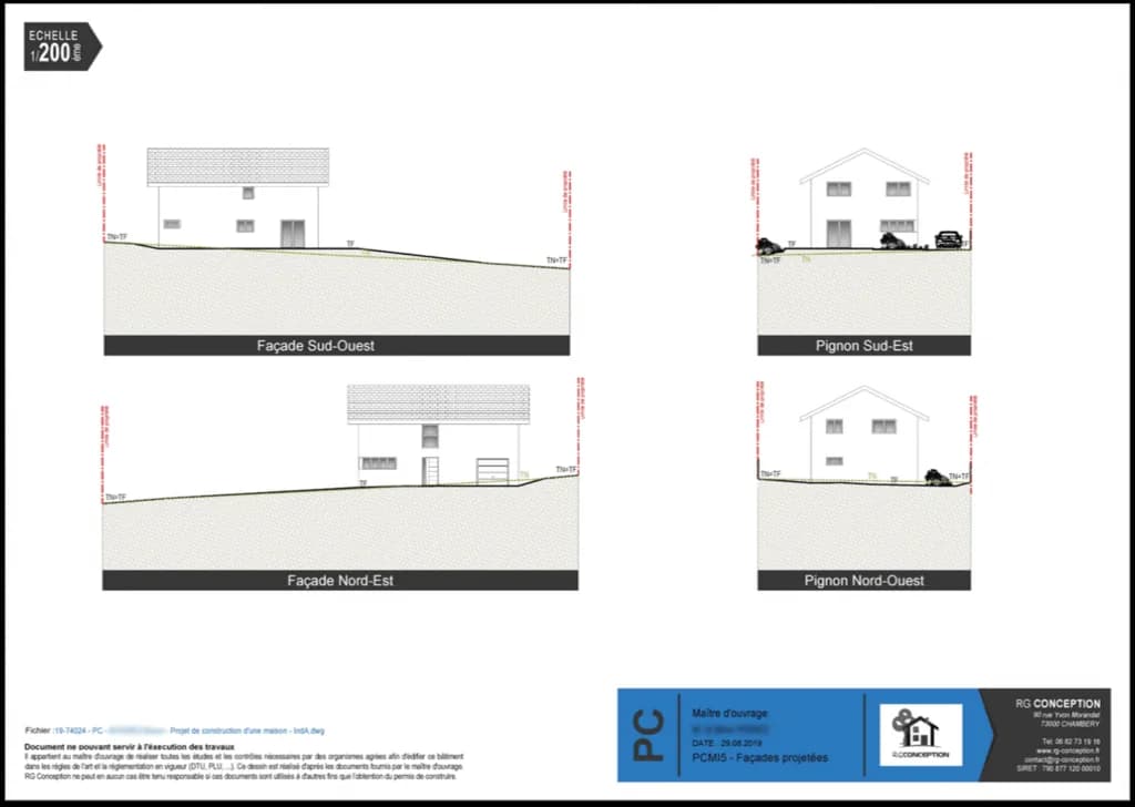 Exemple de plans d'architecte avec façades et toitures cotées