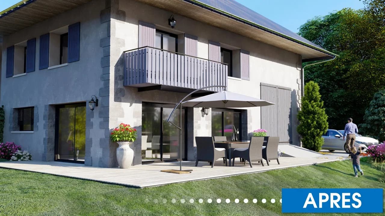 Perspective 3D de la maison rénovée, terrasse en bois et menuiseries neuves