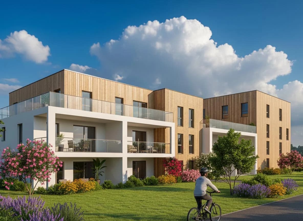 Rendu 3D photoréaliste de la même résidence, bardage bois et jardin fleuri