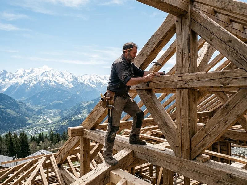 Frère charpentier sur une charpente de toiture traditionnelle face aux Alpes