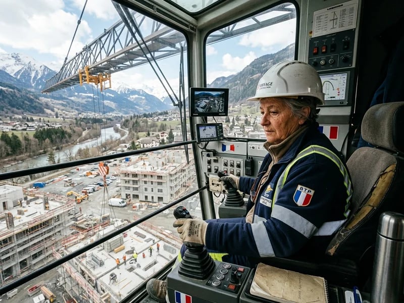 Grand-mère conductrice de grue aux commandes d’une grue à tour BTP en Savoie