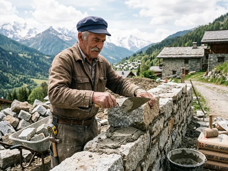 Grand-père maçon gros œuvre montant un mur traditionnel en pierre face aux montagnes