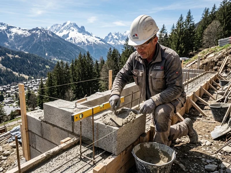 Cousin maçon gros œuvre coulant des fondations en béton armé sur terrain en pente
