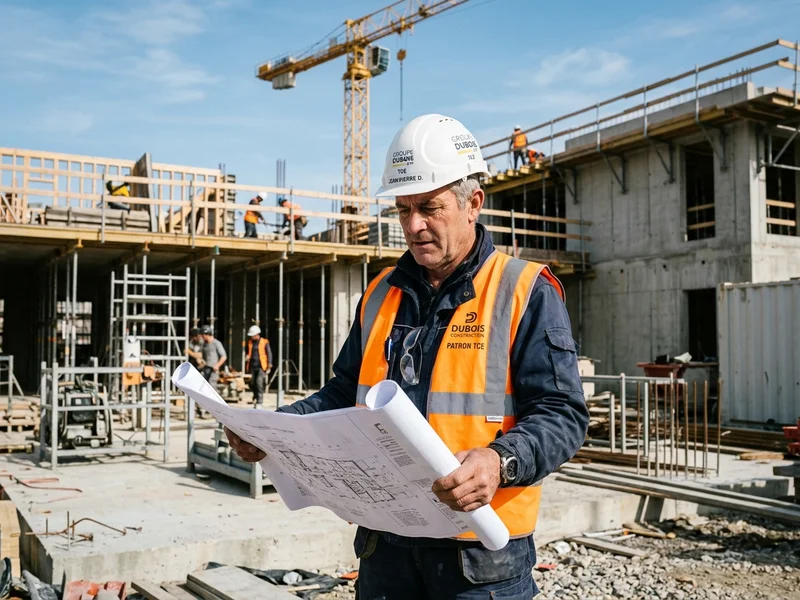 Père patron d’entreprise Tout Corps d’État avec plans architecturaux sur chantier
