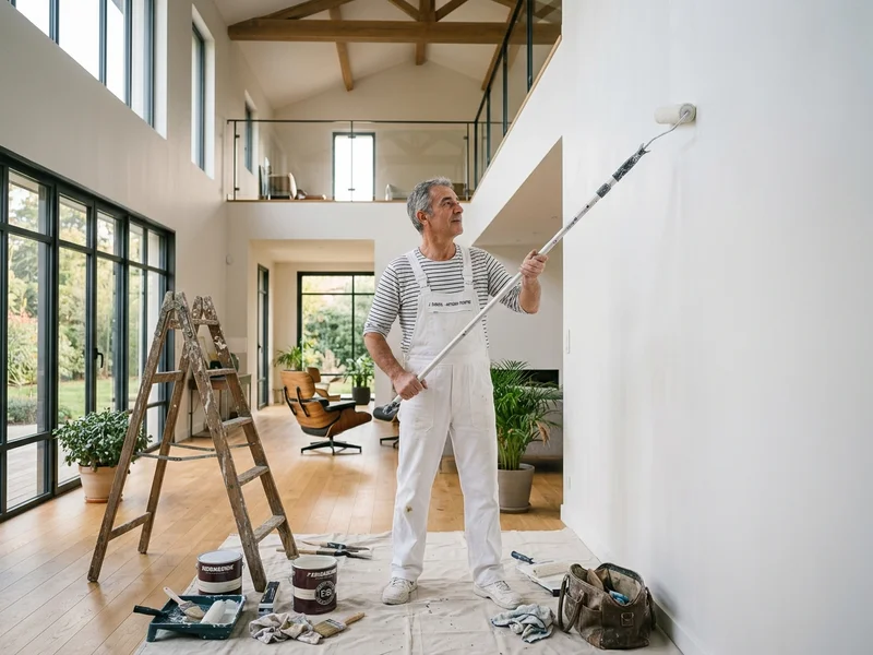 Oncle artisan peintre en bâtiment appliquant un enduit soigné au rouleau