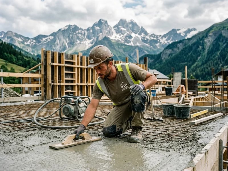 3ème cousin artisan maçon à son compte lissant une dalle de béton armé
