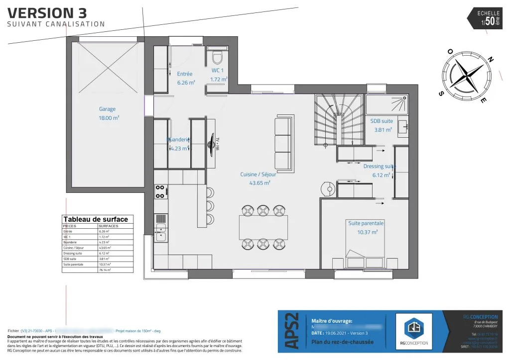 Version 3 projet maison de 150m² plan du rez de chaussée garage cuisine ouverte sur séjour