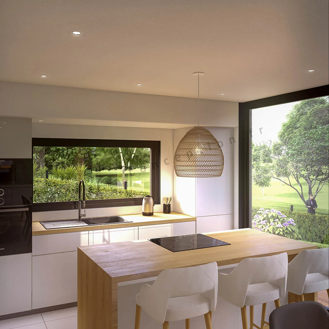 Perspective 3D intérieur cuisine maison container