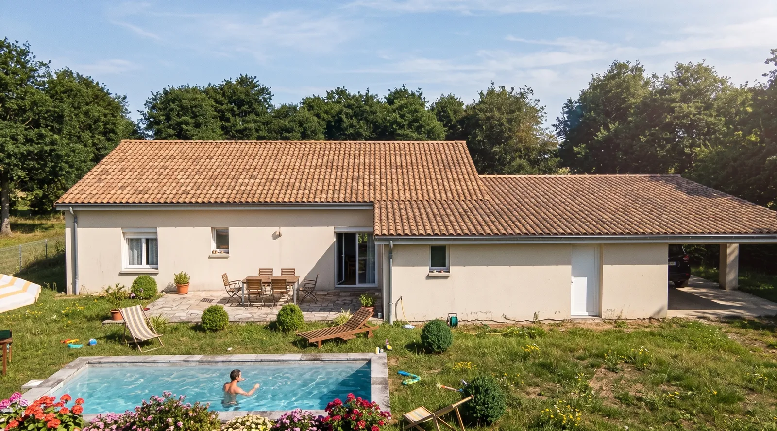 Piscine enterrée de 21 m² devant une maison de plain-pied avec garage et carport accolés : rendu photoréaliste d’un dossier de permis de construire