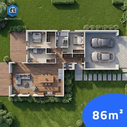 Plan de maison, gratuit, plein pied, garage double, 3 chambres ou 2 chambres + 1 bureau.