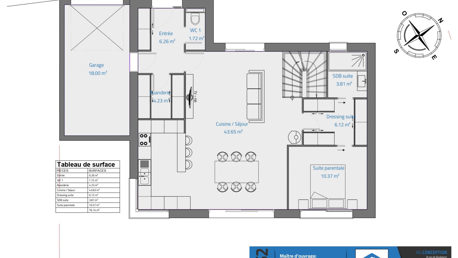 [Version 3] - Projet maison de 150m² - plan du rez de chaussee - garage - cuisine ouverte sur sejour